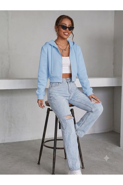 thefun fashion Women's Baby Blue Hooded Zippered Oversize 3 Thread Ribbed Crop Cardigan