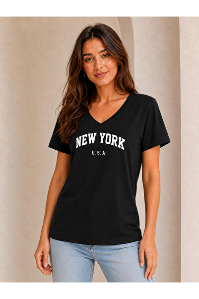 FAVORİST Women's V-Neck New York U.S.A Printed 100% Cotton T-Shirt