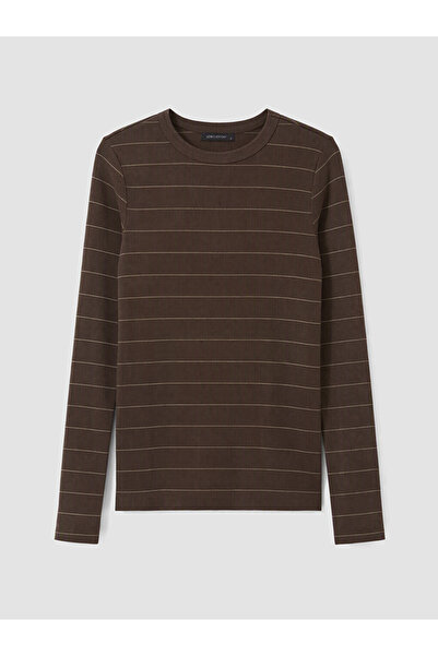 LC Waikiki Brown Crew Neck Striped Women's Ribbed Bodysuit