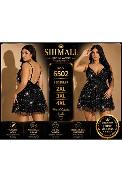Kadın Büyük Beden Siyah Payetli Işıltılı Mini Elbise 2XL 3XL 4XL İnce Askılı V Yaka Sırt Dekolteli Abiye 6502