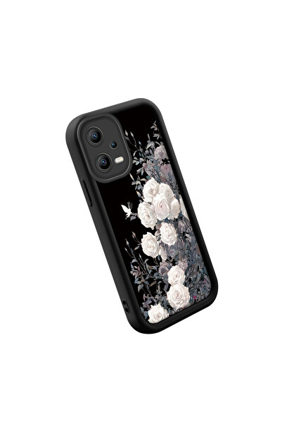 CASEVIBE Redmi Note 12 5G Uyumlu Siyah Kelebek ve Beyaz Gül Desenli Telefon K...