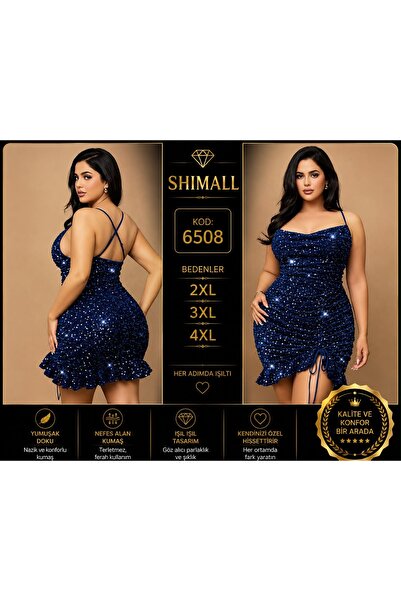 Kadın Büyük Beden Lacivert Payetli Işıltılı Mini Elbise 2XL 3XL 4XL Büzgülü Yırtmaçlı Askılı Şık Abiye 6508