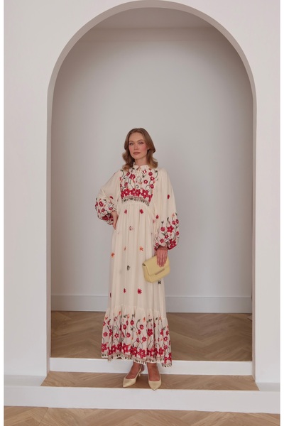 Molen Floral çiçek desenli Uzun Elbise-Krem
