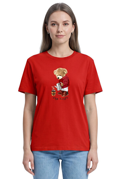 DK DAKSEL Women's Red Be Kind Teddy Bear Printed T-Shirt 100% Cotton Comforta...