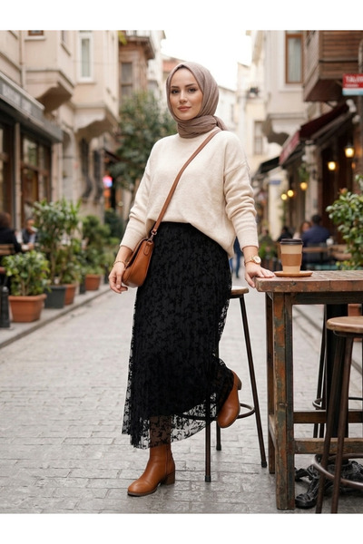 Flok Baskılı Pliseli Beli Lastikli Denyeli Tül Etek