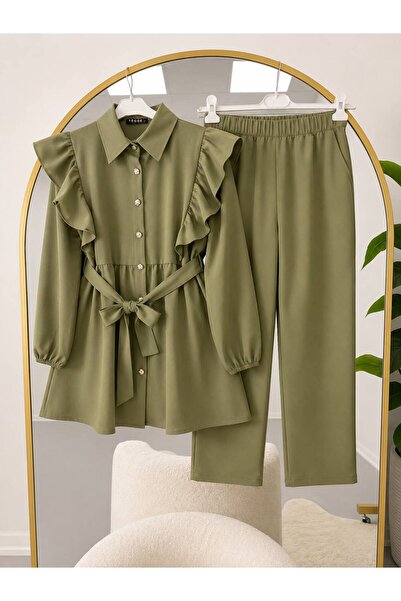 VOLT CLOTHİNG Kadın Fırfır Detaylı Kol Büzgülü Pantolonlu Tesettür Takım