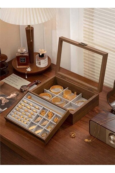 DUNISO Jewelry boxes for women, Black walnut double-layer storage box lock wi...