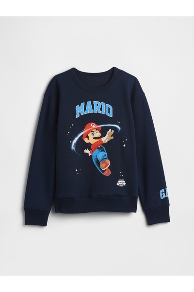 GAP Erkek Çocuk Lacivert Süper Mario Relaxed Grafik Baskılı Sweatshirt