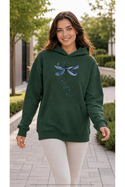 EMMODA Women's Dragonfly Graphic Printed Hooded Kangaroo Pocket Casual Basic ...
