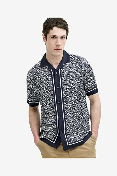 French Connection Men's Short Sleeve Geometric Print Navy Holiday Shirt