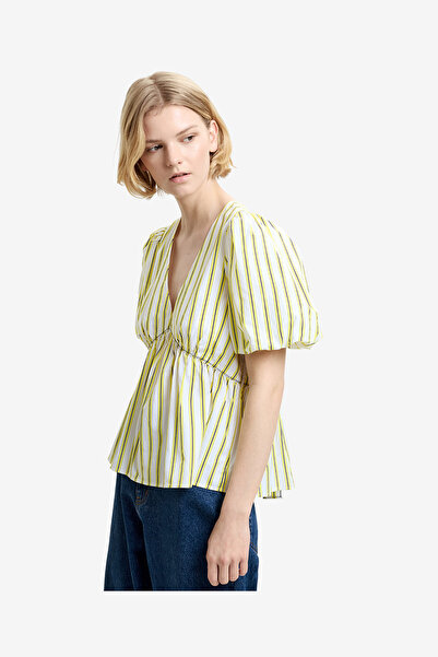 French Connection Women's Yellow/Navy Stripe Cambria Cotton Peplum Top