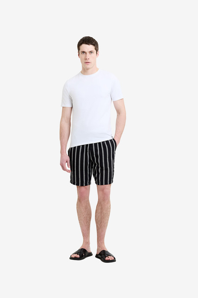 French Connection Men's Black and White Striped Drawstring Shorts