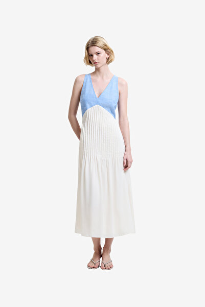 French Connection Women's Mid Wash/Porcelain Colby Chambray Lace Mix Dress