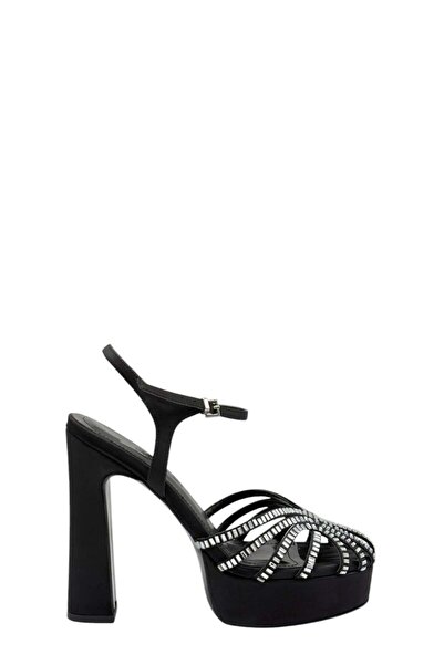 Moulin Shoes Black Satin Stone Platform Heeled Women's Shoes
