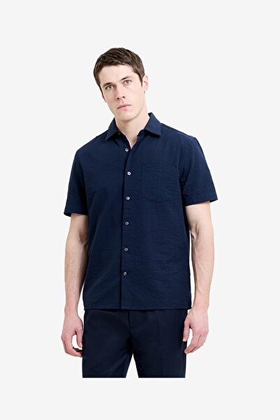 French Connection Men's Dark Blue Short Sleeve Seersucker Shirt