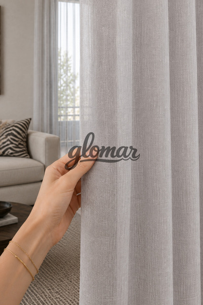 GLOMAR Keten Görünümlü Gri Tül Perde 1/3 SIK PİLELİ Salon Oturma Odası Korniş...