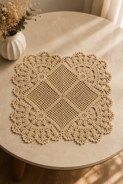 EastWest Trading Handmade Beige Cotton Lace Cover / Coffee Table Cover (24X24 cm)