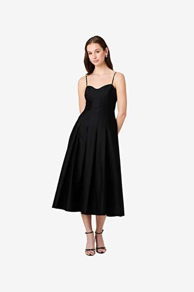 French Connection Women's Black Cotton Sateen Pleated Midi Dress