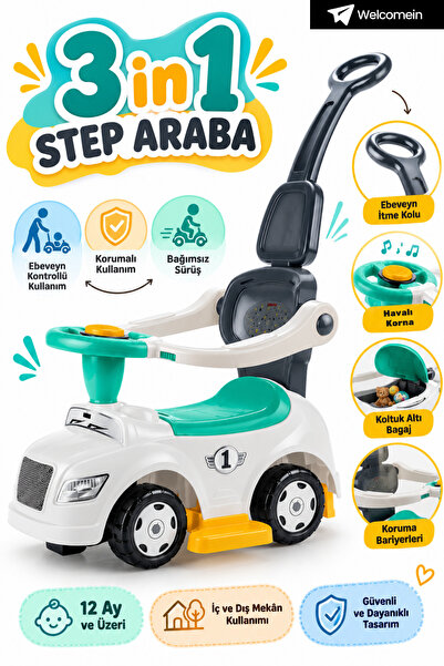 welcomein 3 in 1 Step Araba Çocuk İtmeli Araba Yürüteç Ebeveyn Kontrollü Oyun...