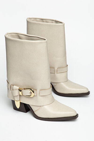 MS SUGAR SHOES Women's Cream Western Cowboy Boots Pointed Toe Buckle Thick He...