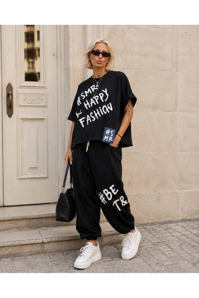 ibeeka Kadın - Oversize Büyük Beden Uyumlu Yazı Baskılı Şalvar Pantolon 2li Takı