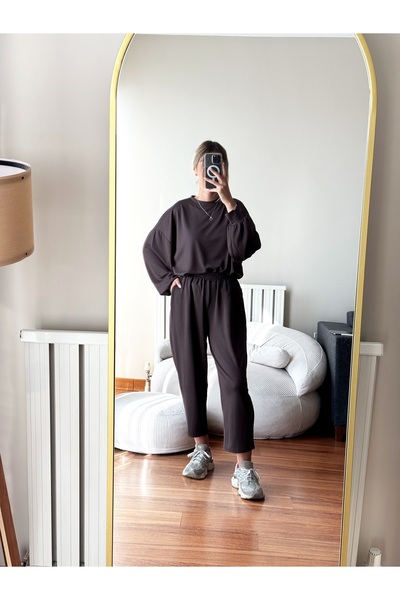 LolaCollection Kadın Kahverengi 2'li Eşofman Takımı Oversize Sweatshirt Lasti...