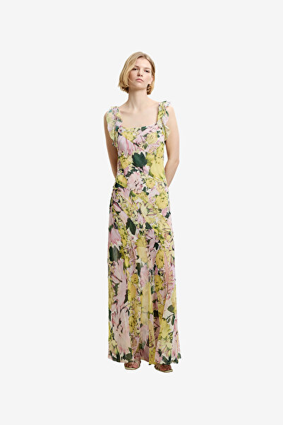 French Connection Women's Yellow Multi Carla Air Chiffon Curved Seam Dress