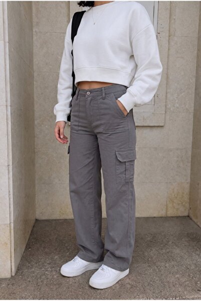 alanora Women's Gray Cargo Wide Leg High Waist Wide Leg School Trousers
