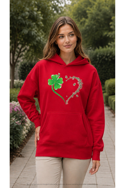 EMMODA Women's Four Leaf Lucky Clover and Floral Heart Print Hooded Kangaroo ...