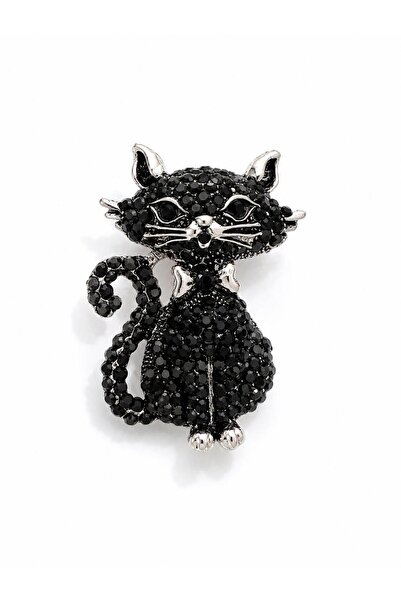 Ceso Accesories Siyah Taşlı Kedi Figürlü Şık Broş