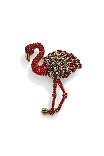 Ceso Accesories Kırmızı Gold Taşlı Flamingo Figürlü Broş
