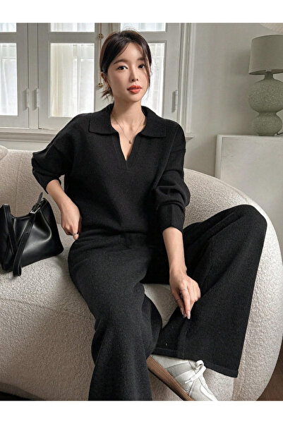 TUMA Women's Black Polo Neck V-Neck Knitwear Blouse Pants Bottom Top Double Set