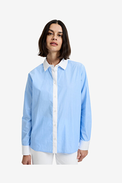 French Connection Women's Blue Hydrangea-Summe Poplin Ticking Contrast Button...
