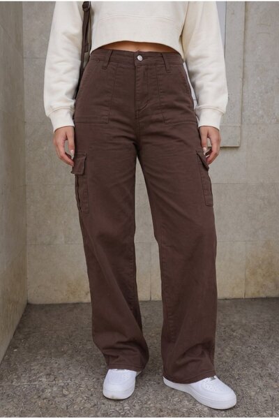 alanora Women's Coffee Cargo Wide Leg High Waist Wide Leg School Trousers