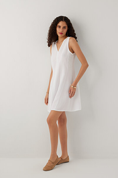 İpekçi Otantik Linoflow V-Neck Sleeveless Bell-Bottomed Short Dress White
