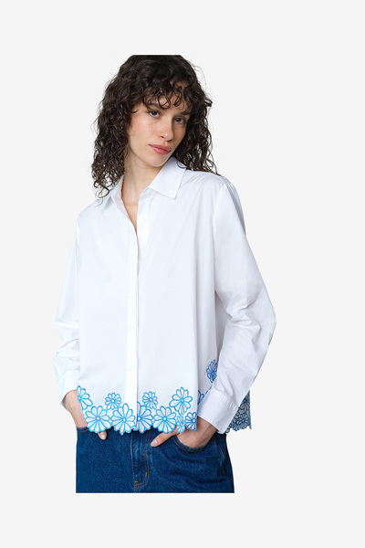 French Connection Women's Linen White/Azure Bl Cambria Cotton Floral Hem Shirt