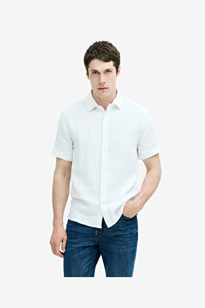 French Connection Men's White Ss Open Weave Shirt
