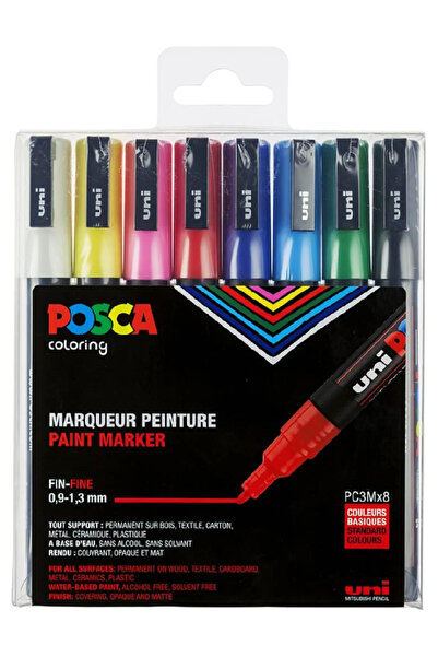 POSCA Set de pixuri cu vârf fin PC3M, culori de bază, 8 bucăți