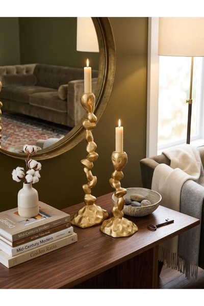 mysecrethome Gold Amorf Taş / Kayalık Formlu 2'li Dekoratif Şamdan Seti