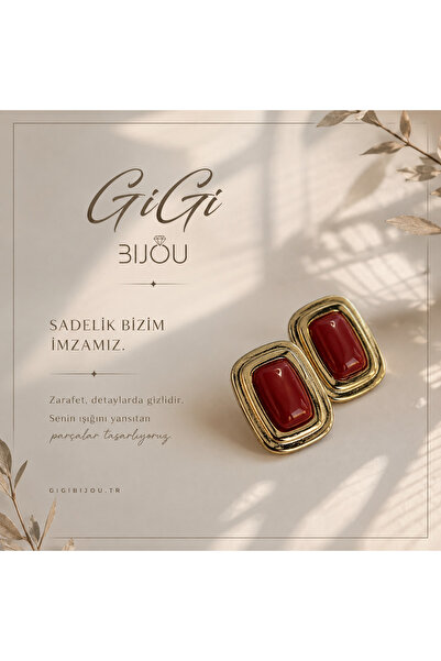 Gold Çerçeveli Bordo Küpe