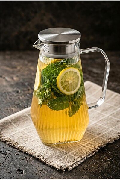 Atbyhome Ateşe Dayanıklı Borosilikat Çizgili Cam Sürahi 1800 ml - Paslanmaz Ç...