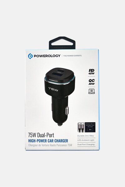 Powerology 75W Dual-Port High-Power Car Charger, Black