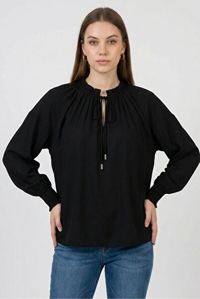 Hugo Boss Boss Women Tie Neck Solid Long Sleeve Blouse, Black