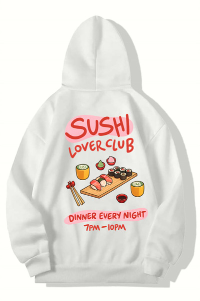 BRZ COLLECTION Hanorac Unisex Oversize Clubul Iubitorilor de Sushi (ALB)