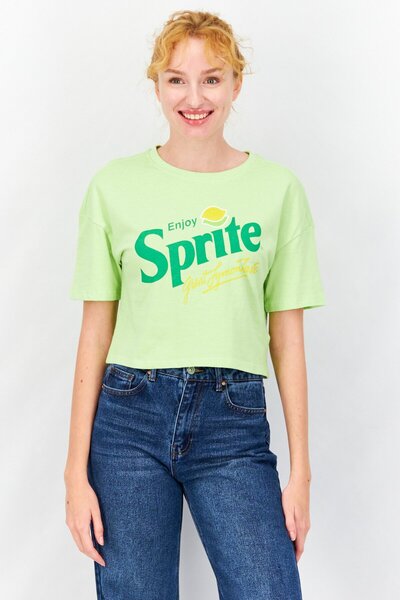Sinsay Women Round Neck Short Sleeve Graphic Print Crop Top, Green Combo