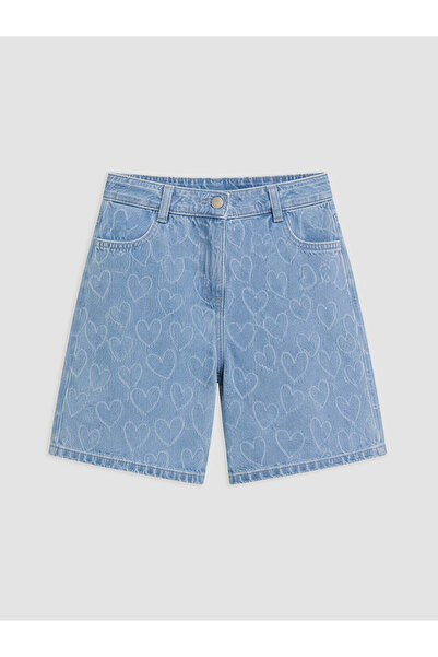 LC Waikiki Blue Heart Patterned Girls' Jean Shorts