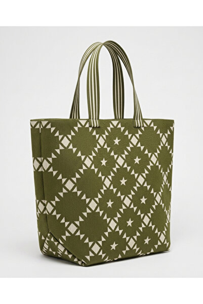 Qoolest Kadın Geometrik Desenli Büyük Boy Shopper Omuz Çantası Çizgili Saplı ...