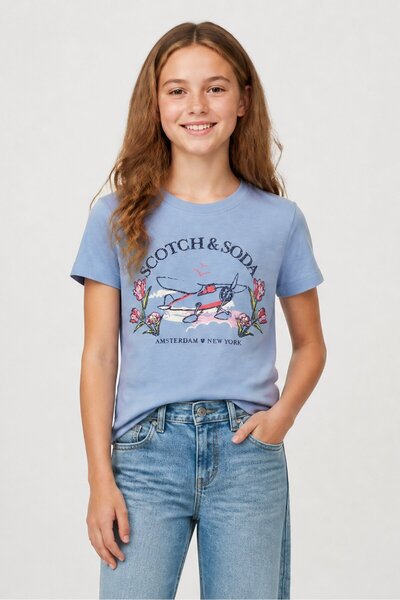 Scotch & Soda Kids Girl Crew Neck Short Sleeve Graphic Print T-Shirt, Grey