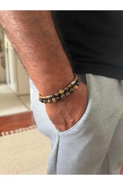 DGK COLLECTİON مجموعة من سوارين للرجال مصنوعين من عين النمر وجلد الجمل -012