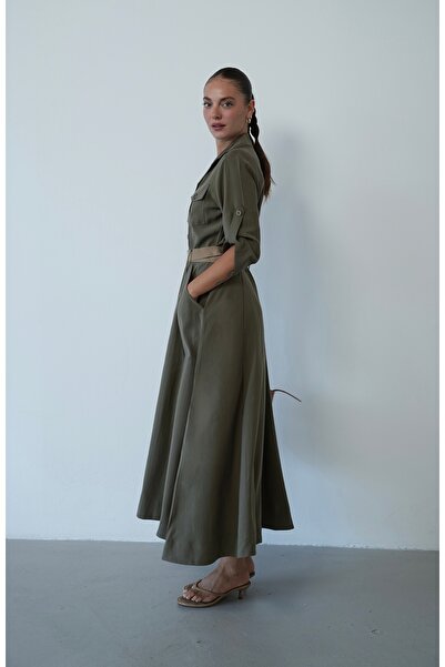 Myra Fashion Safari Gömlek Yaka Kemerli Cepli Midi Elbise